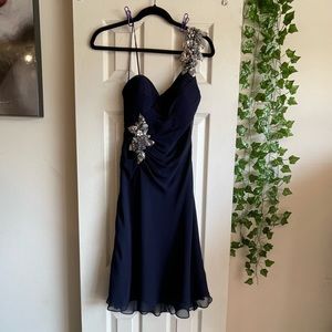Navy Blue Faviana Sequin Accent One Shoulder Midi Dress Size 6